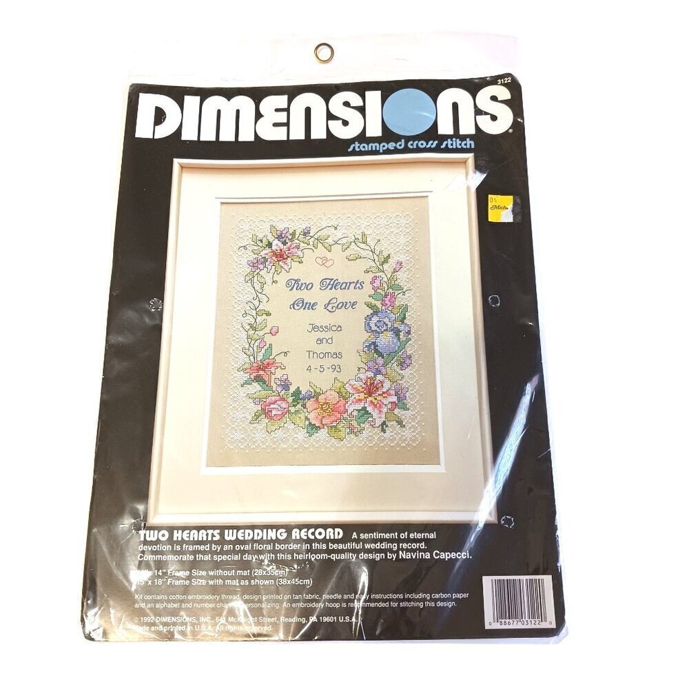 Dimensions Stamped Cross Stitch Kit 3122 Two Hearts Wedding Record Floral VTG